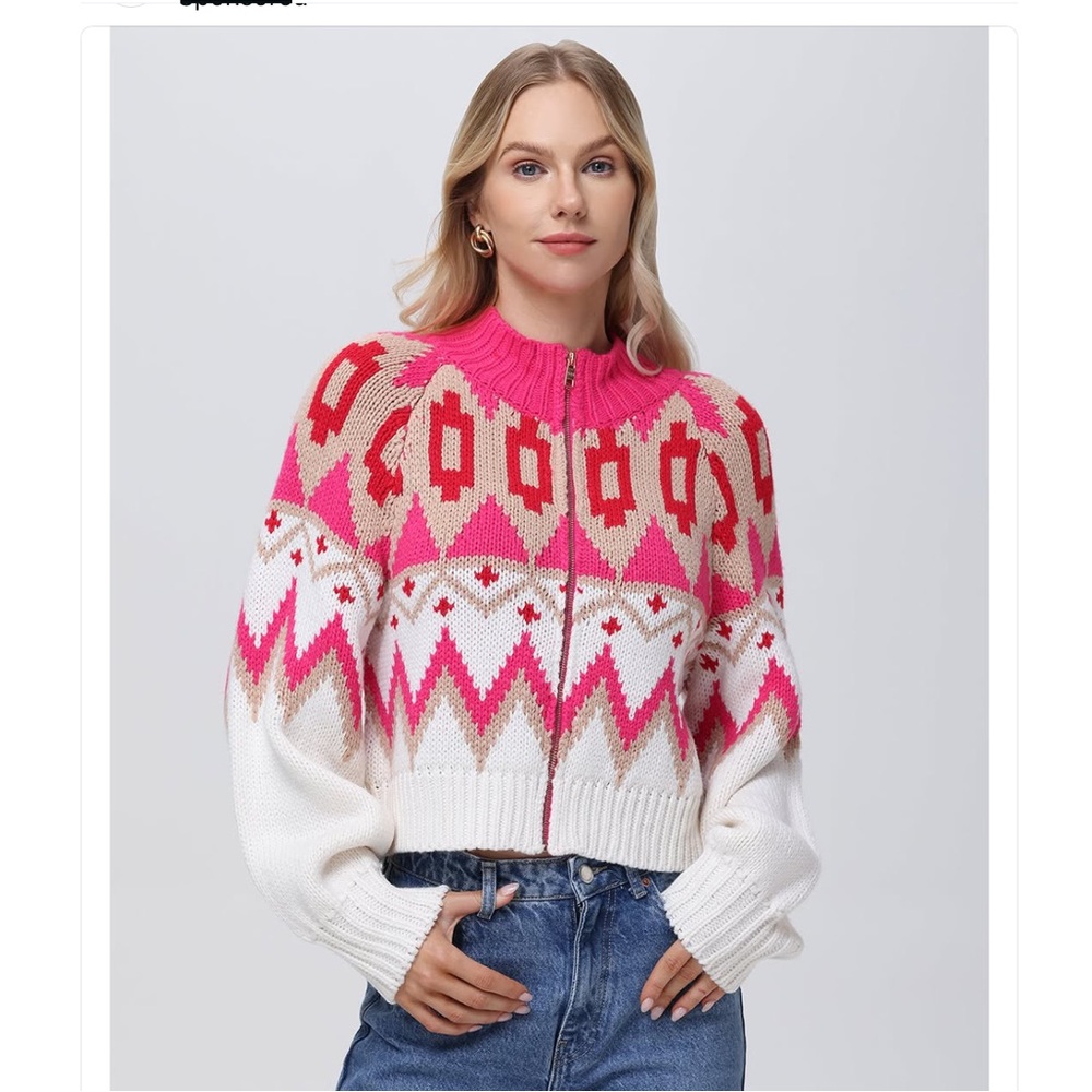 525 America Fair Isle sweater bomber jacket in cabaret multi color, size medium